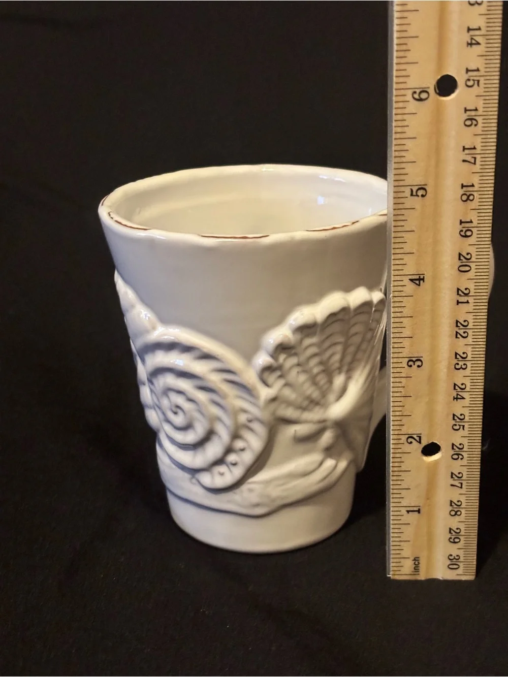 Mud Pie Milk-Glazed Terracotta Embossed Coffee Mug. Seashell and Starfish
